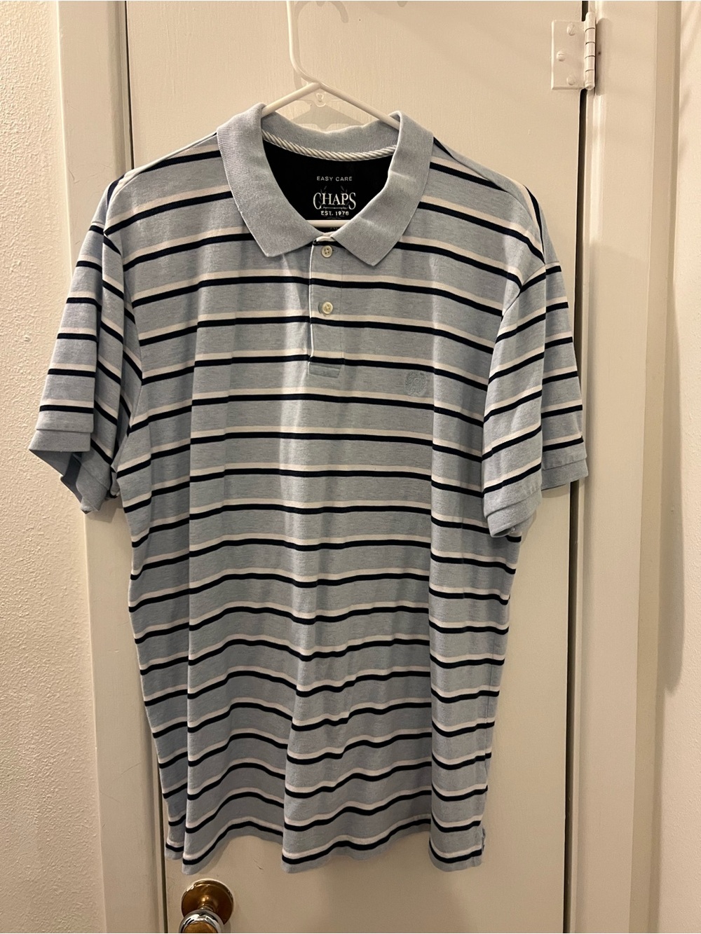 Chaps Men's Light Blue Polo with Navy and White Stripes